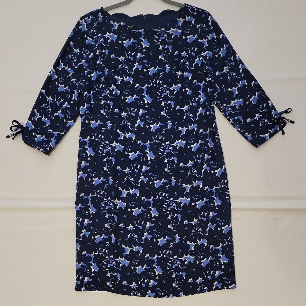Talbots Navy and Light Blue Floral Long Sleeve Dress - Size 12 P